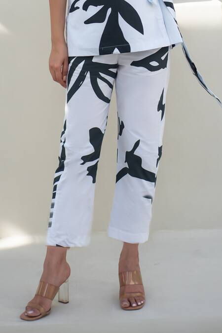 Merakus_White Cotton V-neck Fern Print Wrap Jacket And Pant Set _Online_at_Aza_Fashions