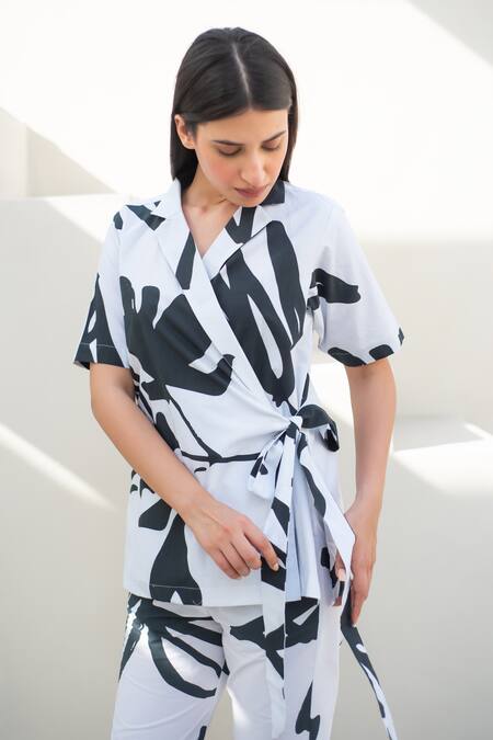 Shop_Merakus_White Cotton V-neck Fern Print Wrap Jacket And Pant Set _Online_at_Aza_Fashions