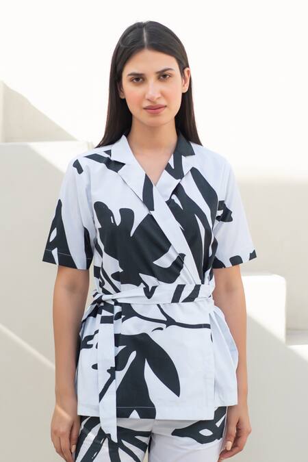 Merakus_White Cotton V-neck Fern Print Wrap Jacket And Pant Set _at_Aza_Fashions