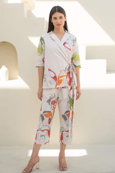 Merakus_Multi Color Cotton Embroidery V-neck Floral Print Wrap Jacket And Pant Set _Online_at_Aza_Fashions