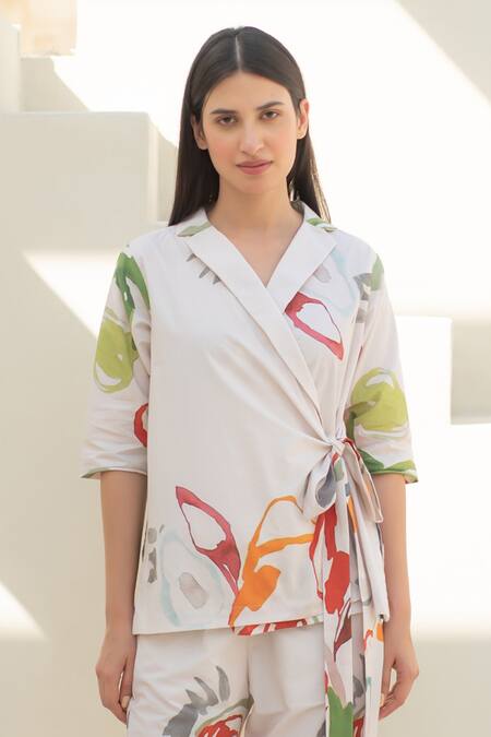 Buy_Merakus_Multi Color Cotton Embroidery V-neck Floral Print Wrap Jacket And Pant Set _Online_at_Aza_Fashions