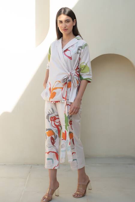 Shop_Merakus_Multi Color Cotton Embroidery V-neck Floral Print Wrap Jacket And Pant Set _Online_at_Aza_Fashions