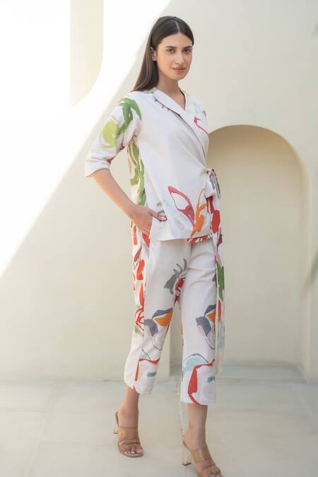 Merakus_Multi Color Cotton Embroidery V-neck Floral Print Wrap Jacket And Pant Set _at_Aza_Fashions