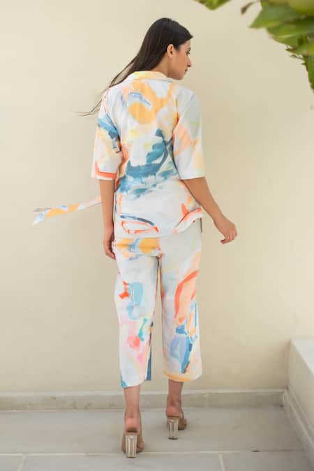 Shop_Merakus_Multi Color Cotton V-neck Abstract Print Wrap Jacket And Pant Set _at_Aza_Fashions