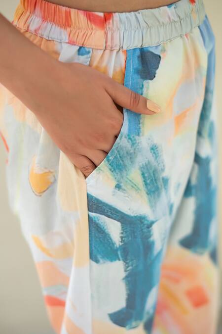 Merakus_Multi Color Cotton V-neck Abstract Print Wrap Jacket And Pant Set _Online_at_Aza_Fashions