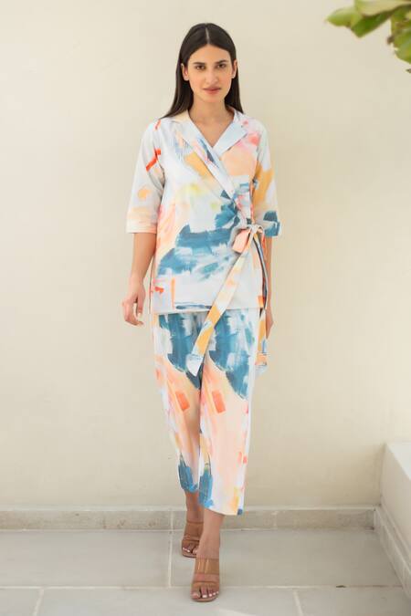 Buy_Merakus_Multi Color Cotton V-neck Abstract Print Wrap Jacket And Pant Set _Online_at_Aza_Fashions