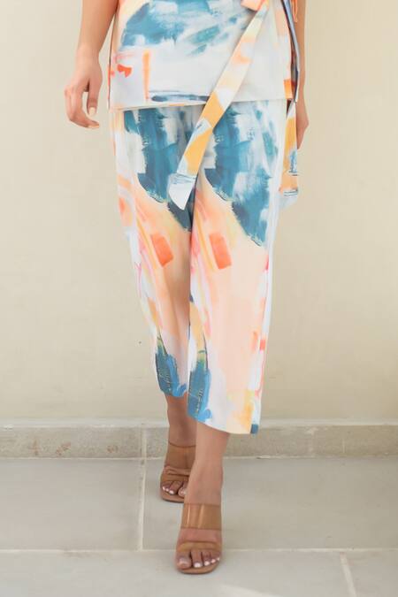 Shop Merakus Multi Color Cotton V-neck Abstract Print Wrap Jacket And Pant Set Online at Aza Fashions Shop_Merakus_Multi Color Cotton V-neck Abstract Print Wrap Jacket And Pant Set _Online_at_Aza_Fashions