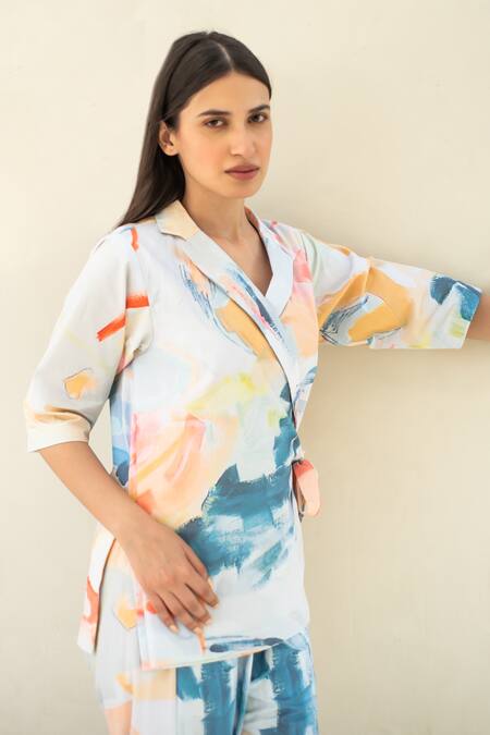 Merakus_Multi Color Cotton V-neck Abstract Print Wrap Jacket And Pant Set _at_Aza_Fashions
