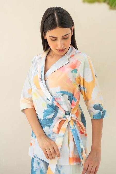 Buy_Merakus_Multi Color Cotton V-neck Abstract Print Wrap Jacket And Pant Set 