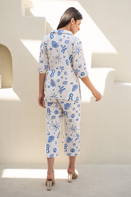 Shop_Merakus_White Cotton, Poplin V-neck Doodle Print Wrap Jacket And Pant Set _at_Aza_Fashions