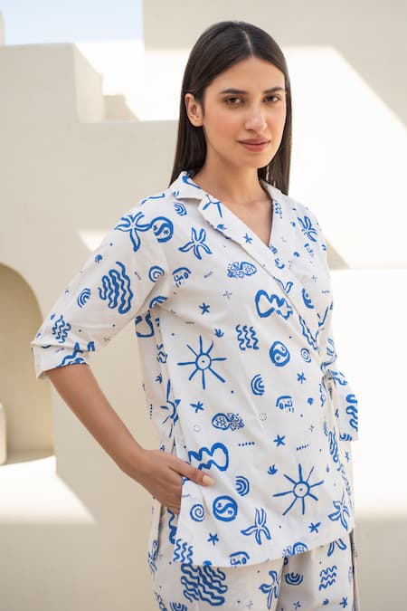 Shop_Merakus_White Cotton, Poplin V-neck Doodle Print Wrap Jacket And Pant Set _Online_at_Aza_Fashions