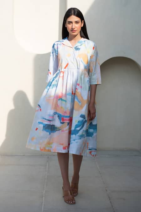 Merakus Abstract Print Cuban Collar Midi Dress 