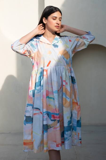 Merakus_Multi Color Cotton Collared Abstract Print Midi Dress _Online_at_Aza_Fashions