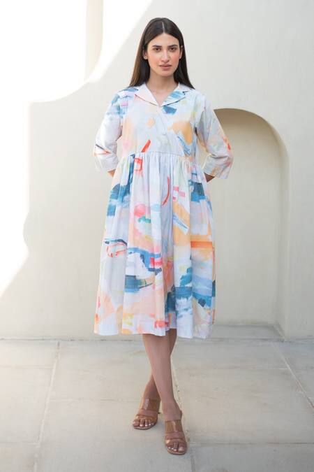 Buy_Merakus_Multi Color Cotton Collared Abstract Print Midi Dress _Online_at_Aza_Fashions
