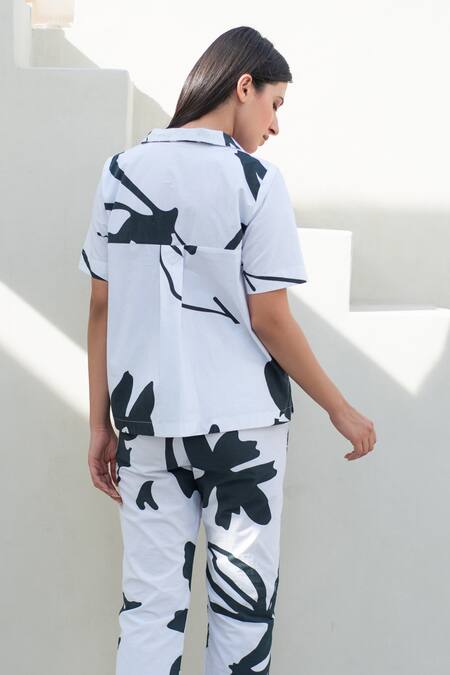Shop_Merakus_White Cotton Collared Fern Print Shirt And Pant Set _at_Aza_Fashions
