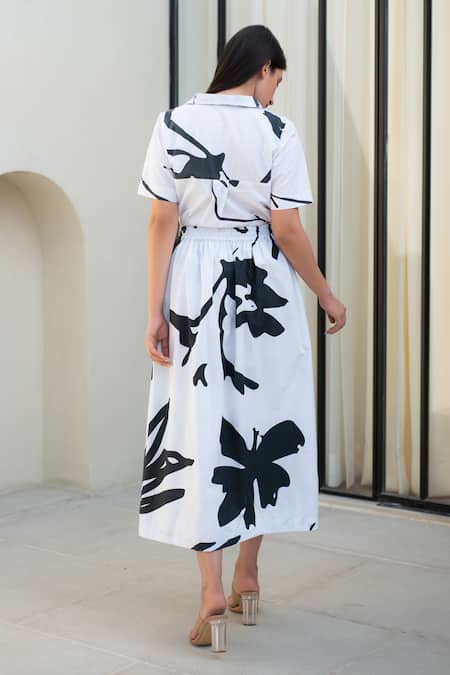 Shop_Merakus_Black , Satin Collared Fern Print Shirt And Skirt Set _at_Aza_Fashions