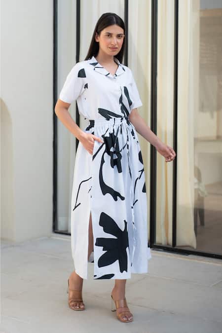 Merakus_Black , Satin Collared Fern Print Shirt And Skirt Set _at_Aza_Fashions