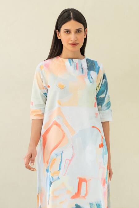 Buy_Merakus_Multi Color Cotton Round Neck Abstract Print Kurta And Pant Set _Online_at_Aza_Fashions