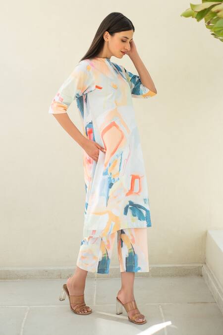 Shop_Merakus_Multi Color Cotton Round Neck Abstract Print Kurta And Pant Set _Online_at_Aza_Fashions