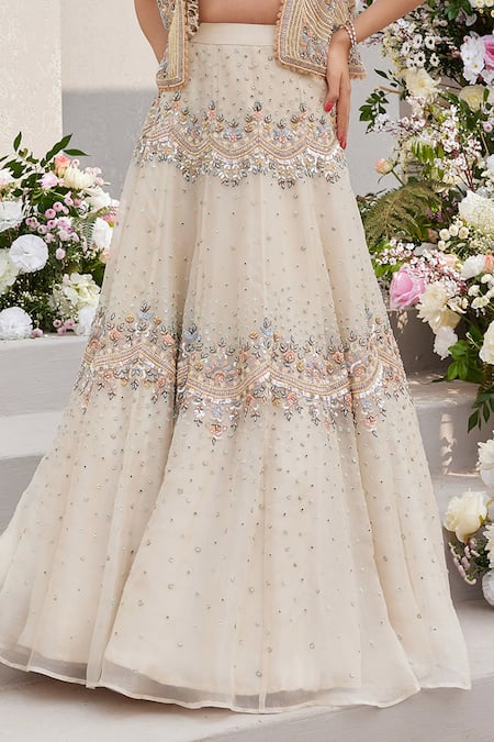 Saisha Ivory Organza Cut Work, Pearls, Zari, Embroidery Zardozi Lehenga And Gilet Set Online at Aza Fashions Saisha_Ivory Organza Cut Work, Pearls, Zari, Embroidery Zardozi Lehenga And Gilet Set _Online_at_Aza_Fashions