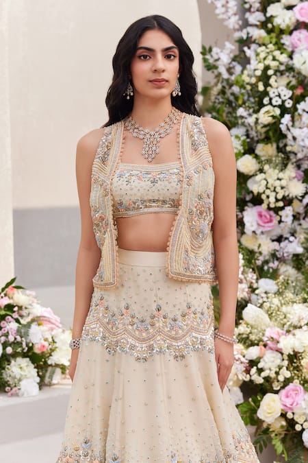 Buy Saisha Ivory Organza Cut Work, Pearls, Zari, Embroidery Zardozi Lehenga And Gilet Set Online at Aza Fashions Buy_Saisha_Ivory Organza Cut Work, Pearls, Zari, Embroidery Zardozi Lehenga And Gilet Set _Online_at_Aza_Fashions