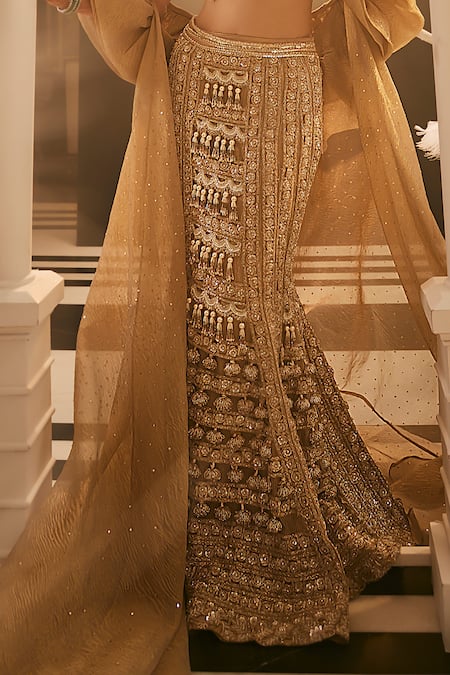 Swish By Dolcy And Simran_Gold Tissue Lace, Crystals, Pearls Scoop Neck Cascade Lehenga Set With Cape _Online_at_Aza_Fashions