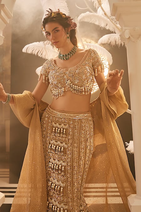 Buy_Swish By Dolcy And Simran_Gold Tissue Lace, Crystals, Pearls Scoop Neck Cascade Lehenga Set With Cape _Online_at_Aza_Fashions