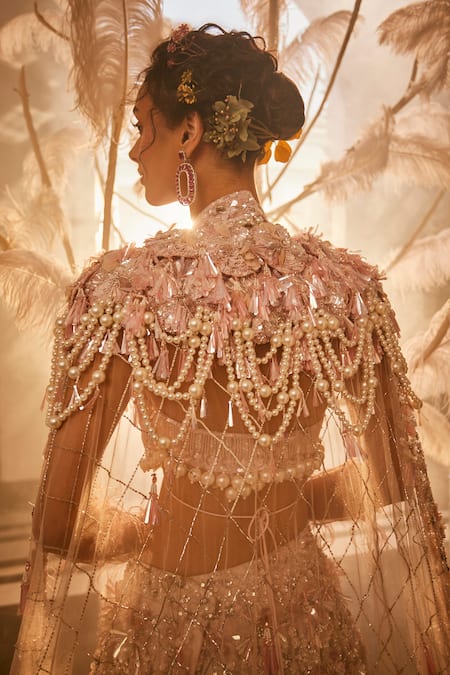 Swish By Dolcy And Simran_Pink Net Pearls, Sequins, Beads Halter 3d Embroidered Lehenga Set With Trail _Online_at_Aza_Fashions