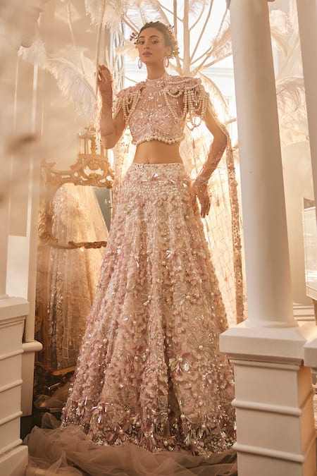 Buy_Swish By Dolcy And Simran_Pink Net Pearls, Sequins, Beads Halter 3d Embroidered Lehenga Set With Trail _Online_at_Aza_Fashions