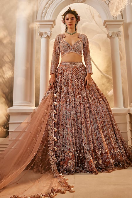 Swish By Dolcy And Simran Rose Gold Nakshi Embroidered Lehenga Set 