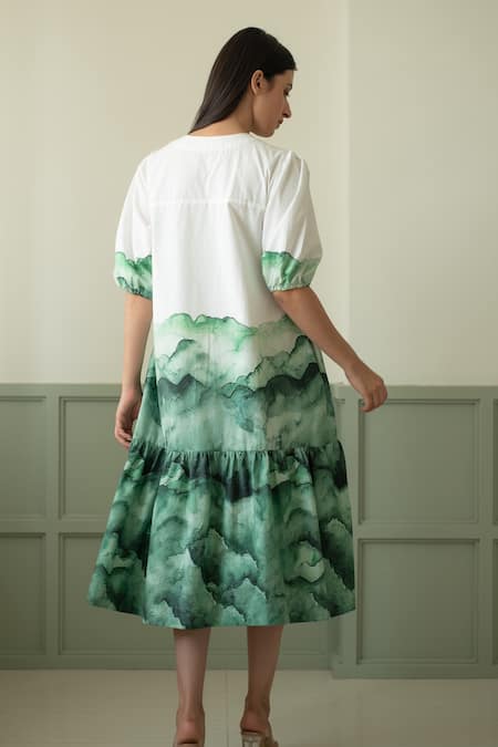 Shop_Merakus_White Cotton Round Neck Green And Watercolor Effect Midi Dress _at_Aza_Fashions