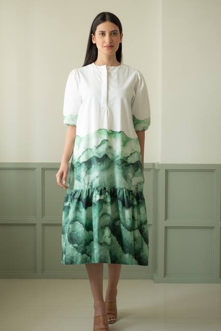 Merakus_White Cotton Round Neck Green And Watercolor Effect Midi Dress _Online_at_Aza_Fashions