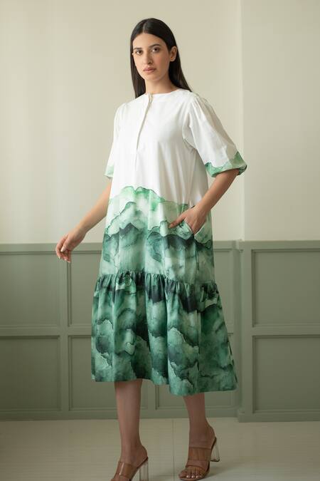 Buy_Merakus_White Cotton Round Neck Green And Watercolor Effect Midi Dress _Online_at_Aza_Fashions