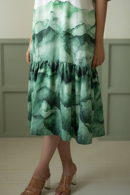 Shop_Merakus_White Cotton Round Neck Green And Watercolor Effect Midi Dress _Online_at_Aza_Fashions