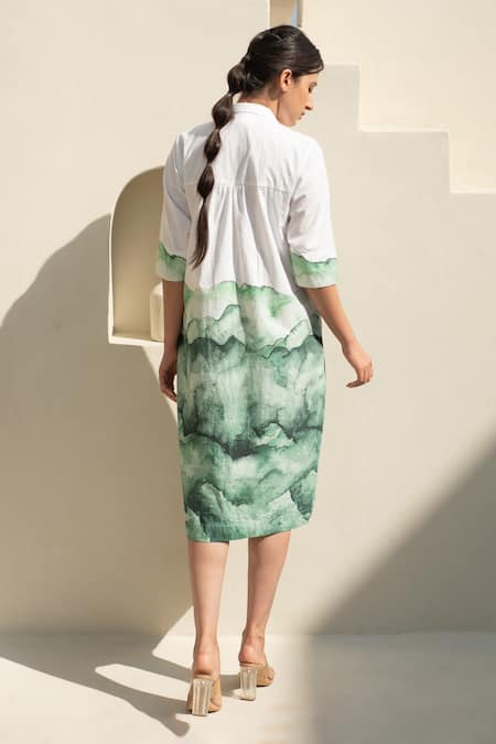 Shop_Merakus_White Cotton Collared Green And Watercolor Midi Shirt Dress _at_Aza_Fashions
