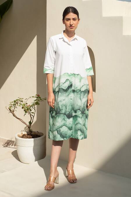 Merakus_White Cotton Collared Green And Watercolor Midi Shirt Dress _Online_at_Aza_Fashions