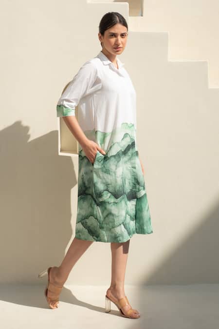 Shop_Merakus_White Cotton Collared Green And Watercolor Midi Shirt Dress _Online_at_Aza_Fashions