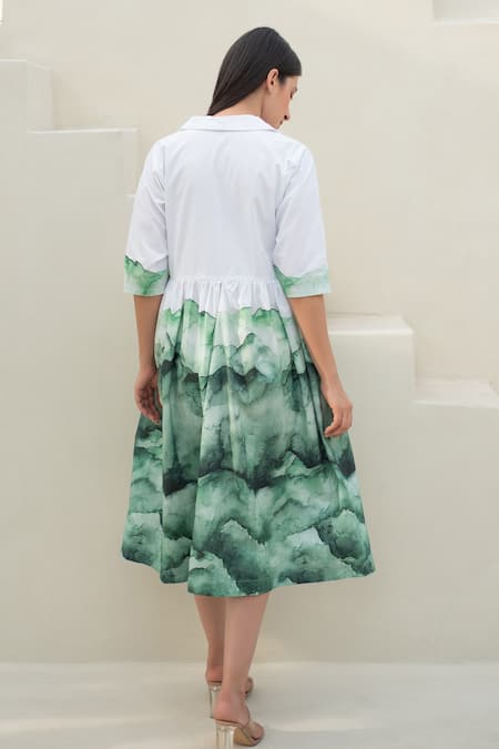Shop_Merakus_White Cotton Collared Watercolor Wave Print Midi Dress _at_Aza_Fashions