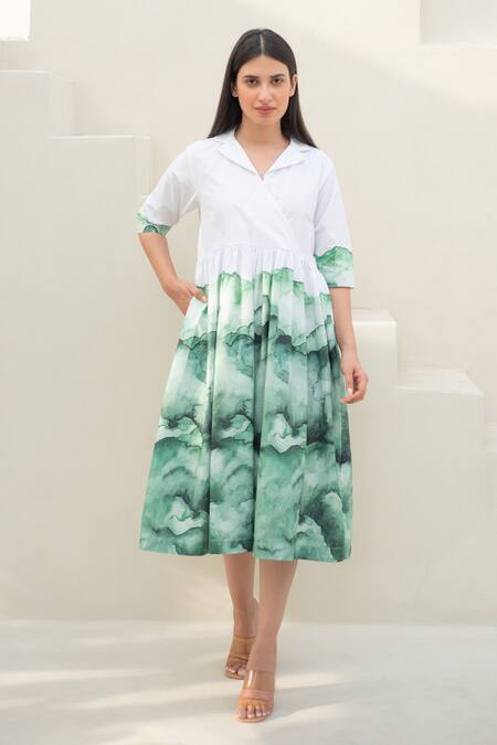 Merakus_White Cotton Collared Watercolor Wave Print Midi Dress _Online_at_Aza_Fashions