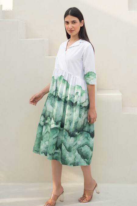 Buy_Merakus_White Cotton Collared Watercolor Wave Print Midi Dress _Online_at_Aza_Fashions