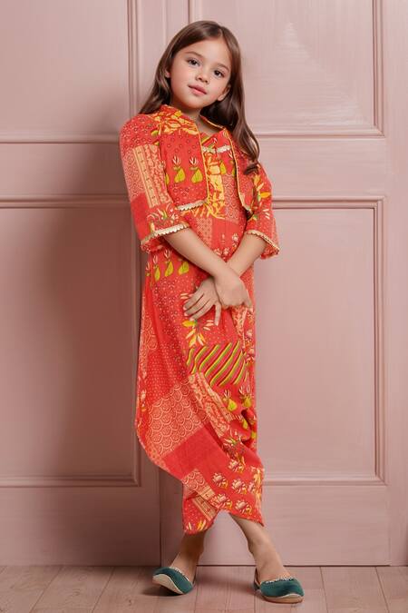 Petite Pomme Orange Cotton Sequins Patchwork Print Jumpsuit And Short Jacket Online at Aza Fashions Petite Pomme_Orange Cotton Sequins Patchwork Print Jumpsuit And Short Jacket_Online_at_Aza_Fashions