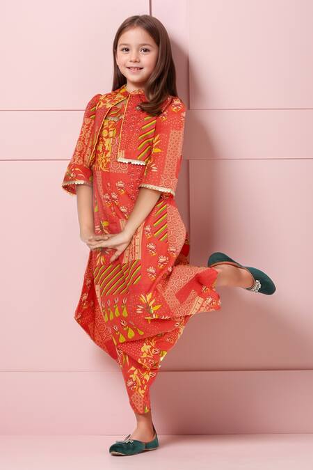 Buy Petite Pomme Orange Cotton Sequins Patchwork Print Jumpsuit And Short Jacket Online at Aza Fashions Buy_Petite Pomme_Orange Cotton Sequins Patchwork Print Jumpsuit And Short Jacket_Online_at_Aza_Fashions