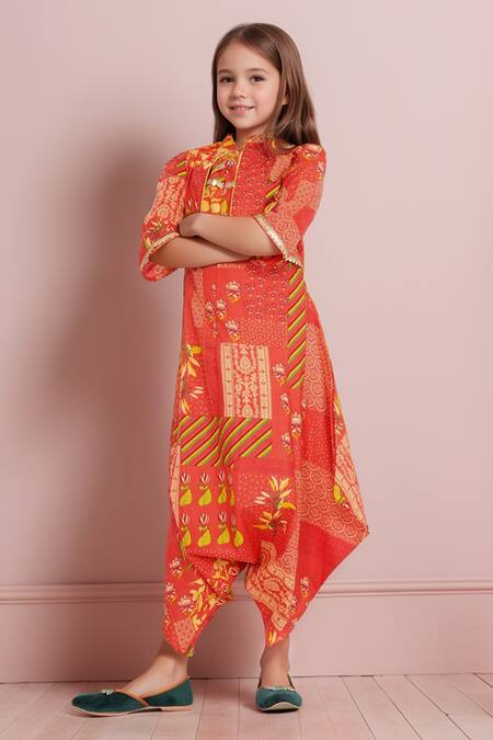 Shop Petite Pomme Orange Cotton Sequins Patchwork Print Jumpsuit And Short Jacket Online at Aza Fashions Shop_Petite Pomme_Orange Cotton Sequins Patchwork Print Jumpsuit And Short Jacket_Online_at_Aza_Fashions