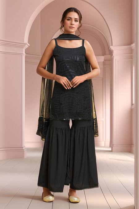 Buy Samyukta Singhania Black Net, Polyester Glitter Round Neck Dimension Print Kurti Sharara Set at Aza Fashions Buy_Samyukta Singhania_Black Net, Polyester Glitter Round Neck Dimension Print Kurti Sharara Set_at_Aza_Fashions