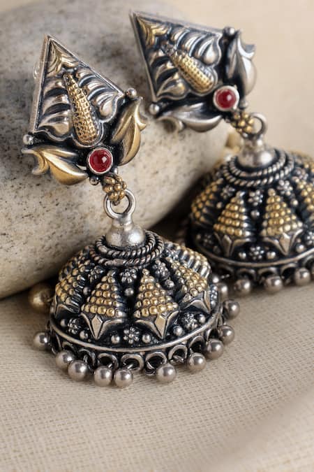 Mero Jewellery Temple Geometric Carved Jhumkis 