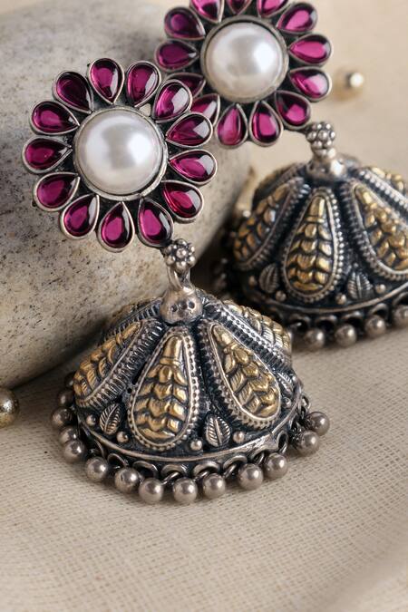 Shop Mero Jewellery Pink Kemp Stone Pearl Jhumkas at Aza Fashions Shop_Mero Jewellery_Pink Kemp Stone Pearl Jhumkas_at_Aza_Fashions