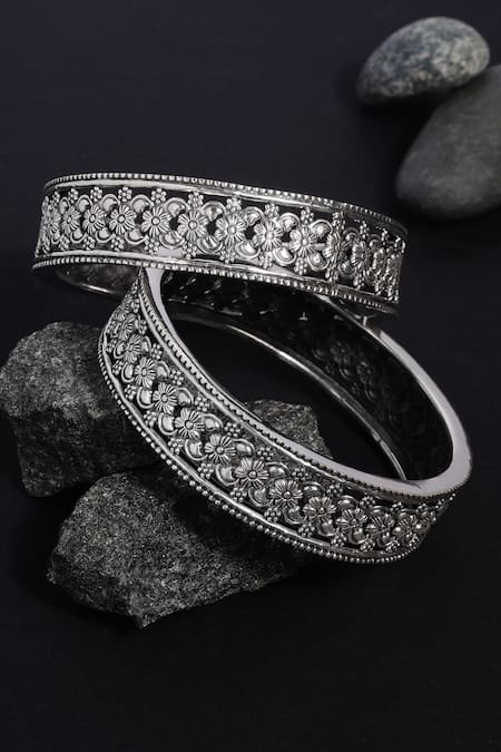 Mero Jewellery Floral Temple Carved Silver Bangles 