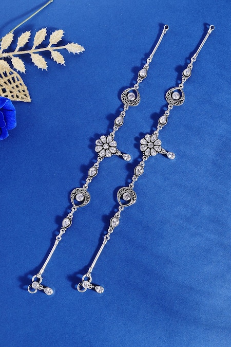 Mero Jewellery Silver Plated Crystals, Diamonds Cubic Zirconia Embellished Anklet Set