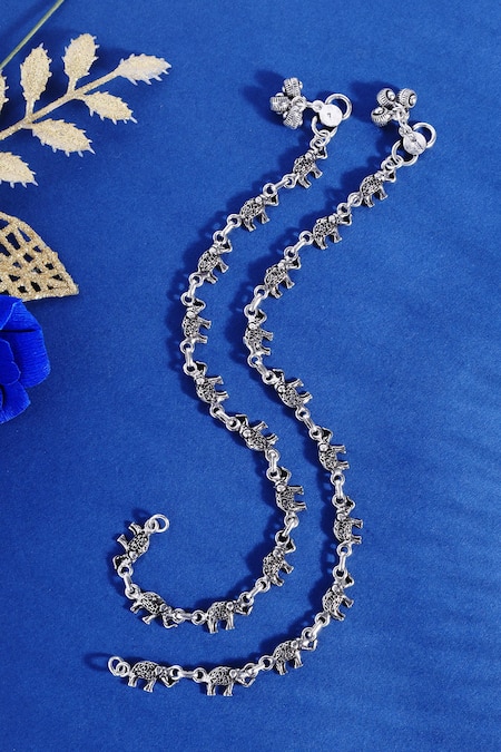Mero Jewellery Elephant Carved Silver Anklets Set