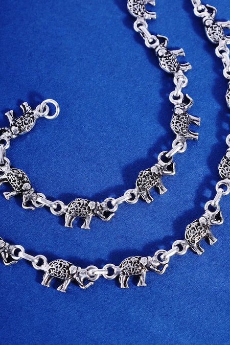 Mero Jewellery Elephant Carved Silver Anklets Set